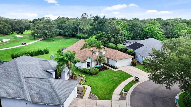 an aerial view of a house with outdoor space and street view