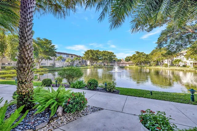 a view of a lake with a big yard and palm trees