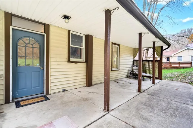 a view of a backyard with large trees