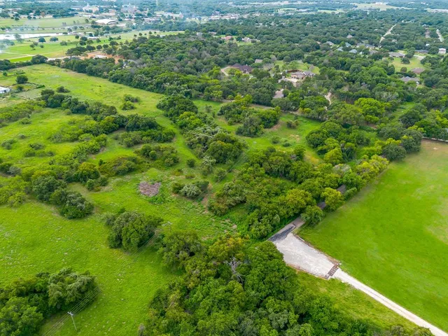 a view of a green yard with large trees