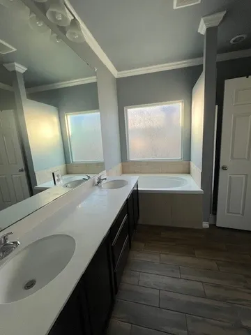 a bathroom with a double vanity sink a mirror and a bathtub