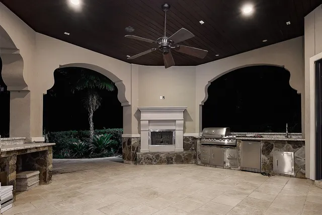 a view of a house with swimming pool and porch with furniture