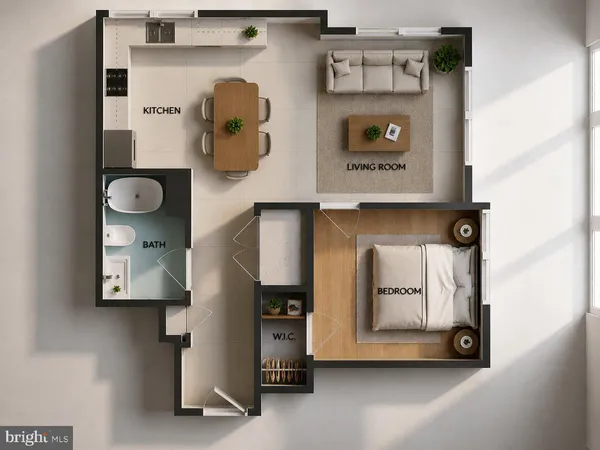 a large living room with a large window and stainless steel appliances
