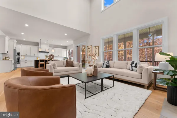 a living room with furniture a rug and a chandelier