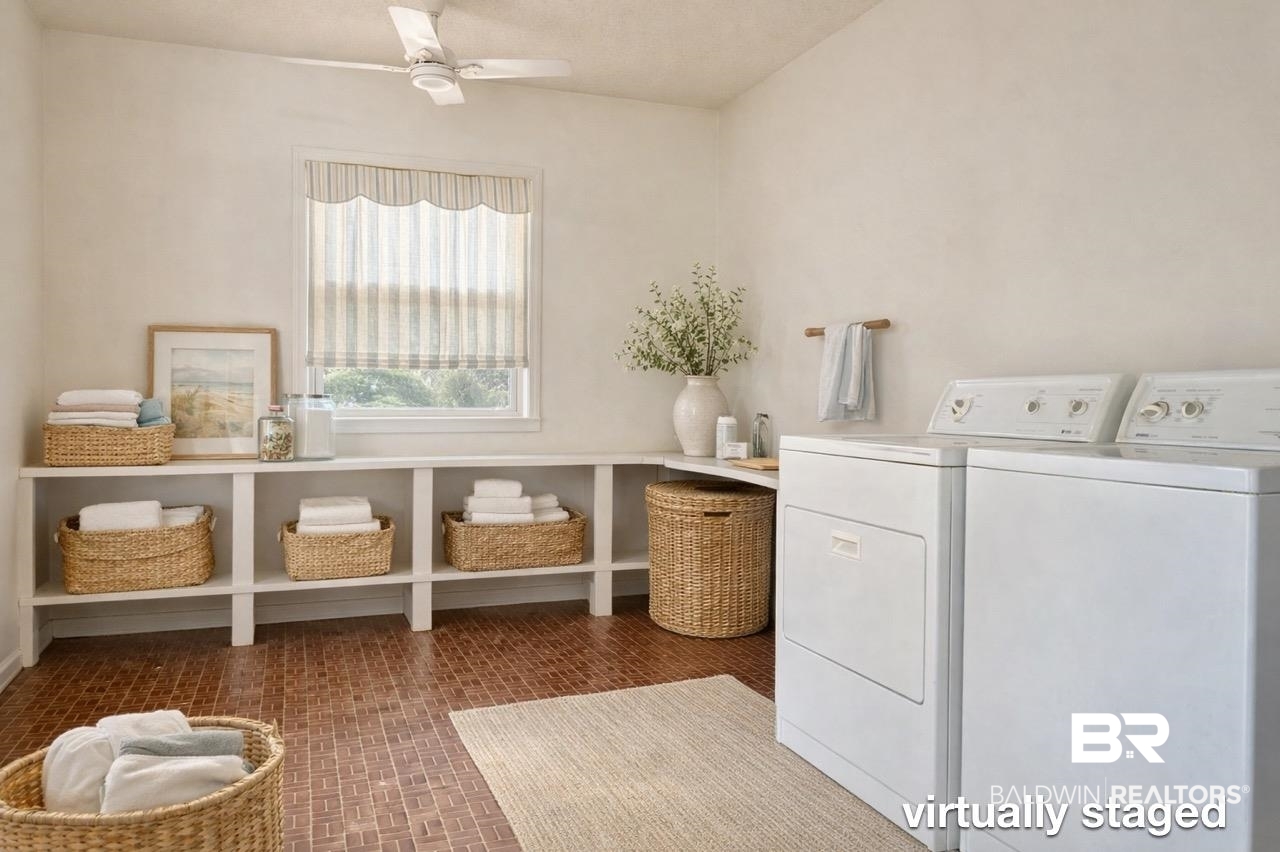 156 Pier Avenue Fairhope, AL 36532 - Photo 19 of 41 Laundry room with washing machine and dryer and ceiling fan