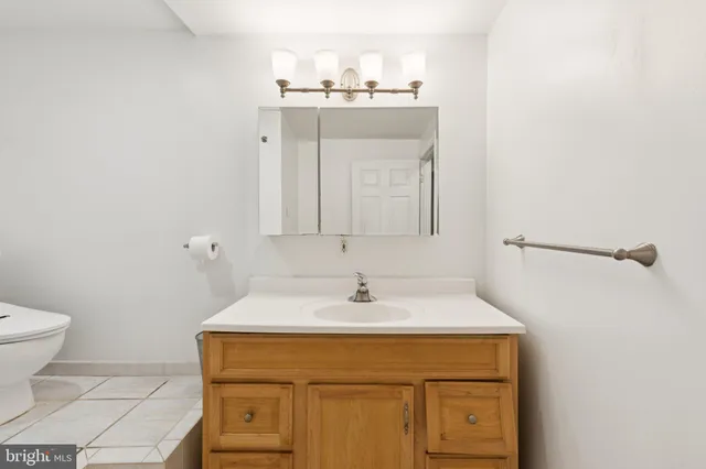 a bathroom with a sink a toilet and mirror