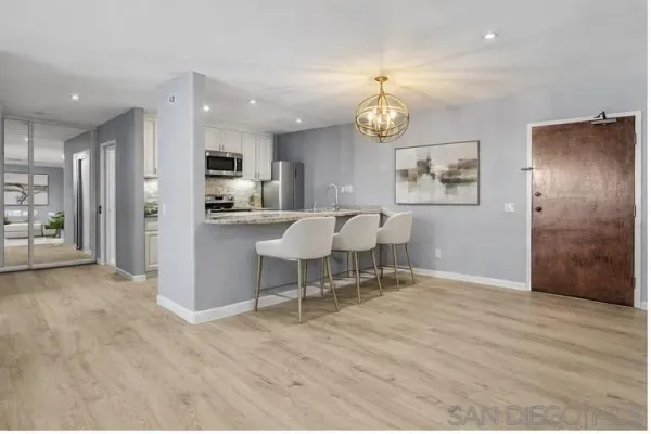 a view of a dining room with furniture