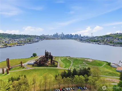a view of a lake with a city
