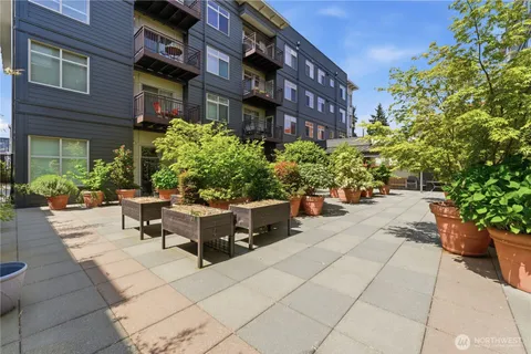 a view of a building with potted plants and a bench