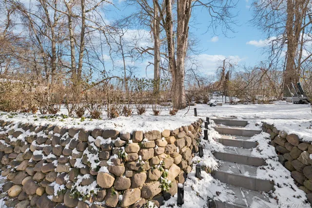 a front view of a house with a yard covered in snow