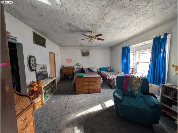 a living room with furniture a ceiling fan and a window