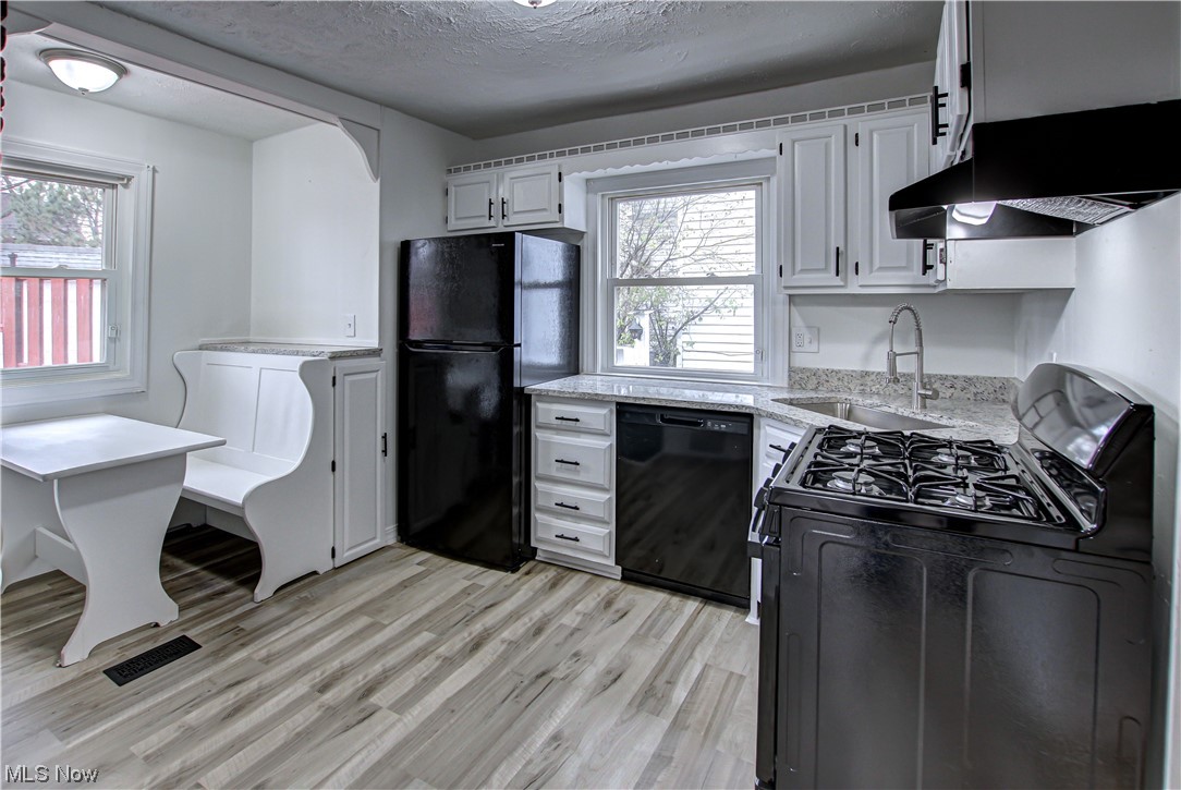 4764 Rockwood Road Cleveland, OH 44125 - Photo 2 of 35 Kitchen with sink, light stone counters, light hardwood / wood-style flooring, black appliances, and white cabinetry