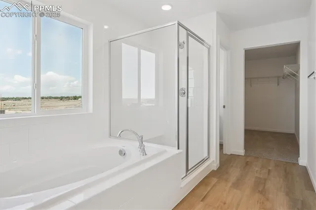 a bathroom with a bathtub and a shower