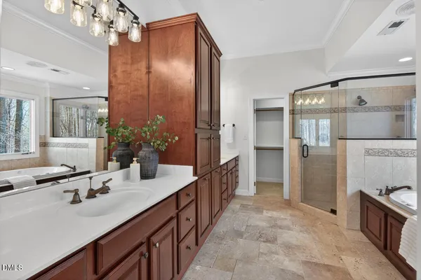 a view of an empty room with a bathroom