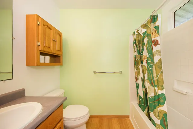 a bathroom with a granite countertop sink toilet and shower