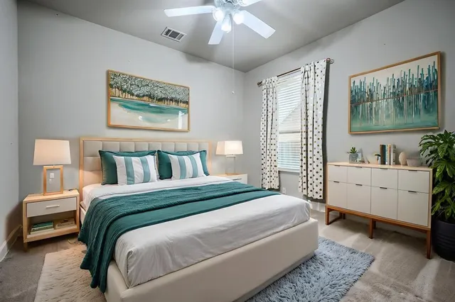 a bedroom with a bed and a painting on the wall