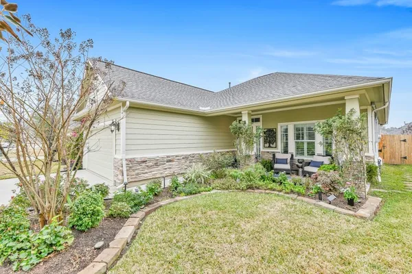 a house with a garden view