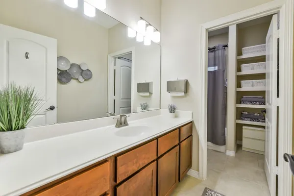 a bathroom with a sink and a mirror