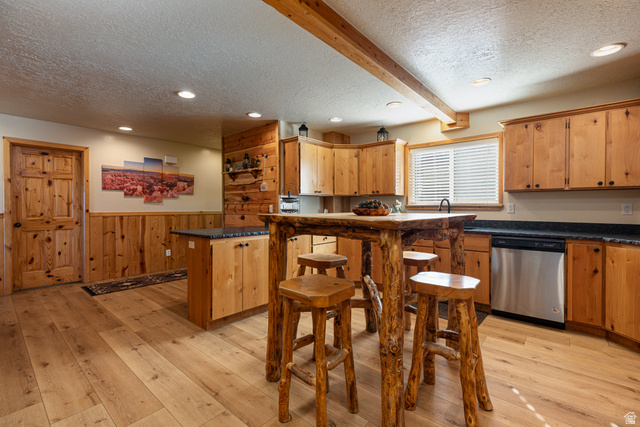 1505 West Elk Ridge Drive Alton, UT 84710 - Photo 9 of 53 Kitchen with dark countertops, a textured ceiling, stainless steel dishwasher, wainscoting, and recessed lighting