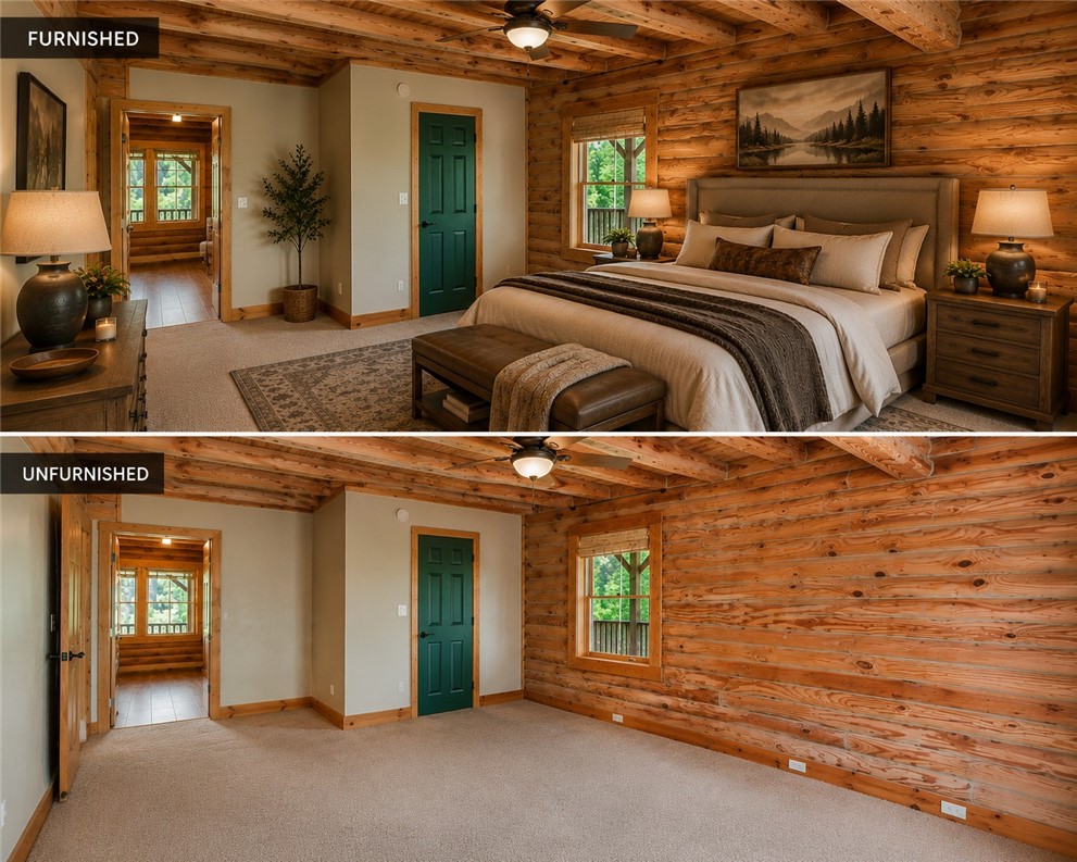 414 Devon Way Anderson, SC 29621 - Photo 15 of 50 Natural wood-paneled walls and a ceiling fan create a serene and inviting atmosphere in this cozy bedroom.