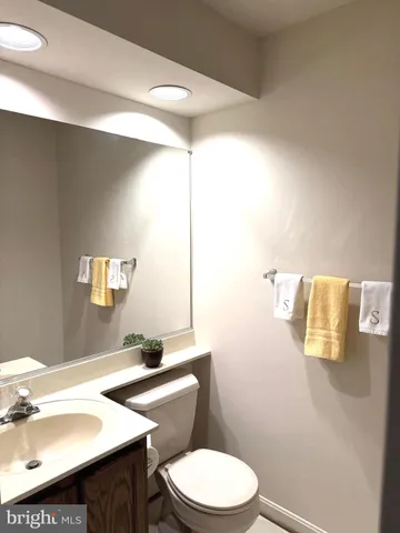 a bathroom with a sink a toilet and mirror
