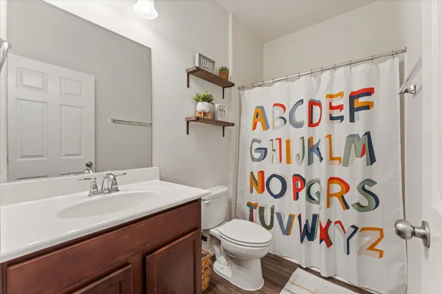 a bathroom with a sink a toilet and a shower curtain