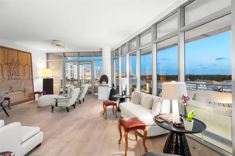 a living room with furniture and large windows