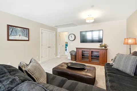 a living room with furniture and a rug
