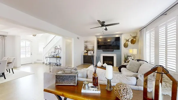 a view of dining room and wooden floor