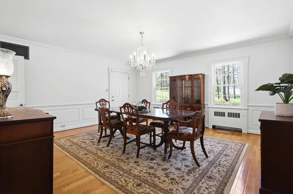 a view of a dining room with furniture