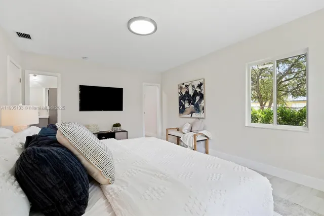 a bedroom with a bed and a flat tv screen on the dresser