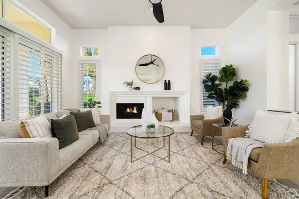 a living room with furniture a fireplace and a potted plant