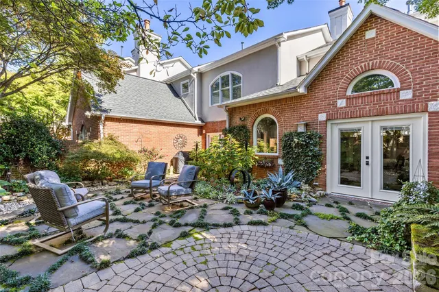 a view of a yard with plants and trees
