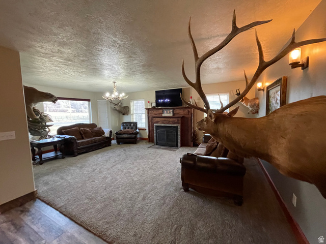 333 Lago Liberty Road Grace, ID 83241 - Photo 20 of 35 Carpeted living room featuring a fireplace with flush hearth, suspended lighting, and a textured ceiling