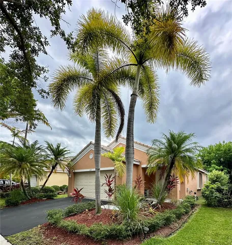 a view of a palm trees with swimming pool
