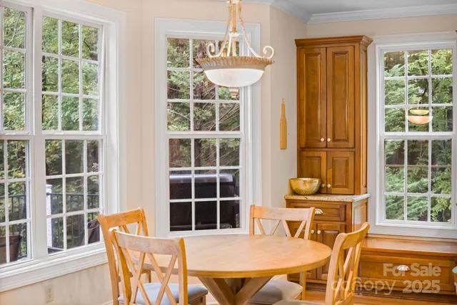 a view of a dining room with furniture and windows
