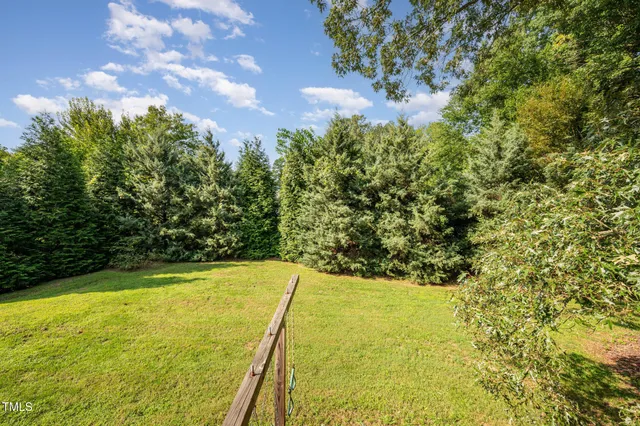 a view of a yard with plants and trees