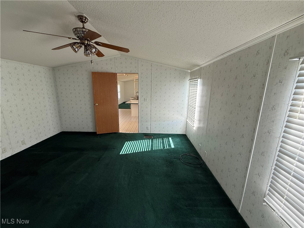 18592 Edwards Road, Unit 137 Doylestown, OH 44230 - Photo 12 of 17 Empty room featuring carpet floors, a textured ceiling, vaulted ceiling, and a ceiling fan