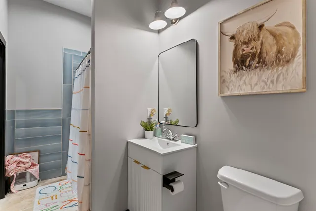 a bathroom with a sink mirror and toilet
