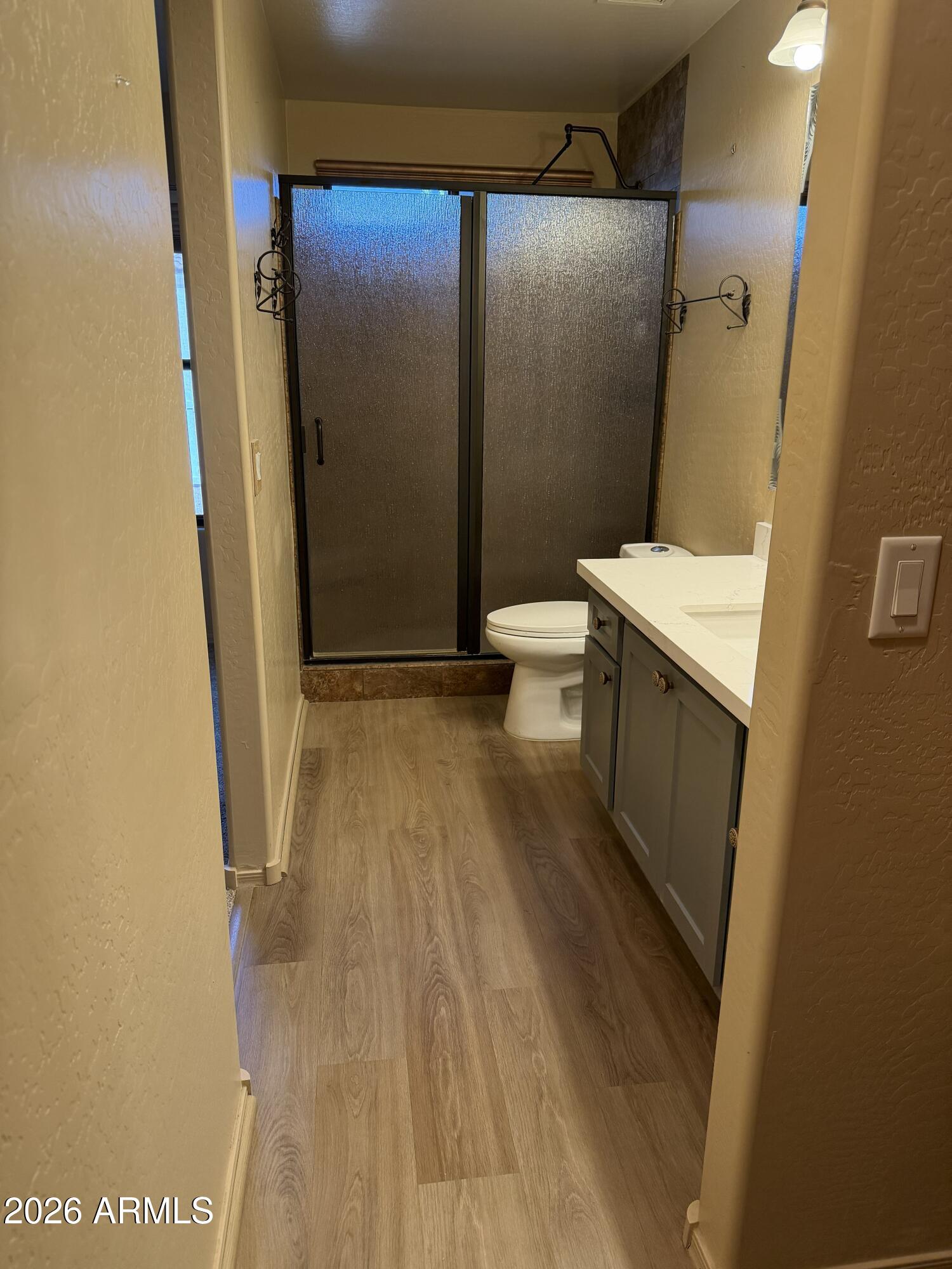 2101 South Meridian Road, Unit 255 Apache Junction, AZ 85120 - Photo 12 of 24 a bathroom with a sink a toilet a mirror and shower