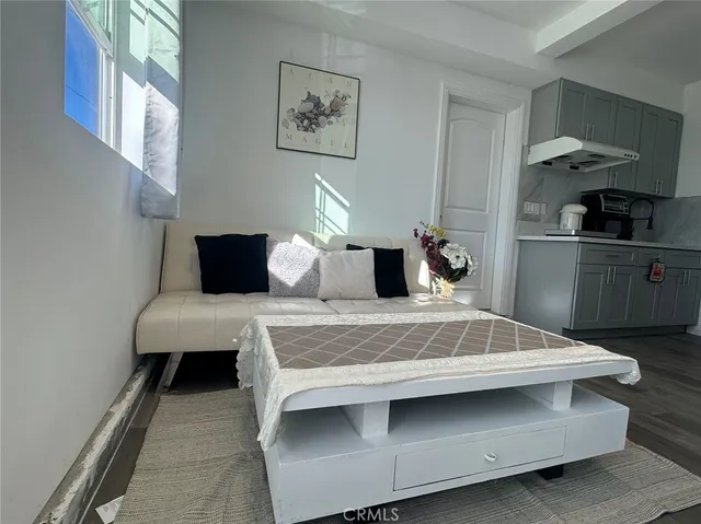 a living room with furniture and a potted plant