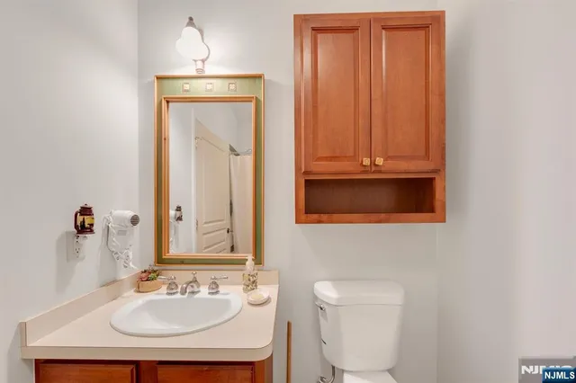 a bathroom with a sink a toilet and mirror
