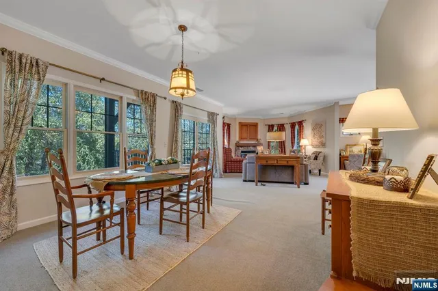 a view of a dining room with furniture window and outside view
