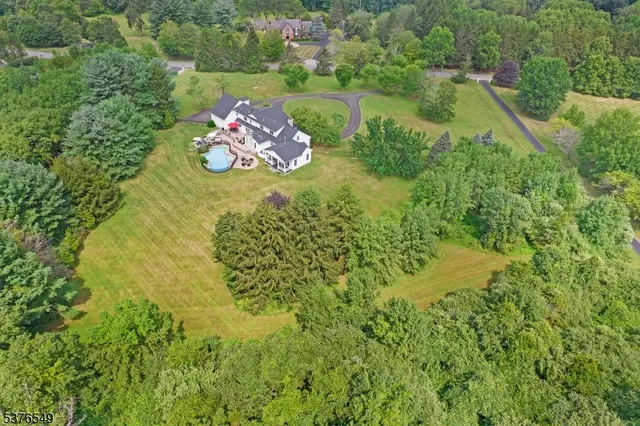 an aerial view of a residential houses with outdoor space and trees all around