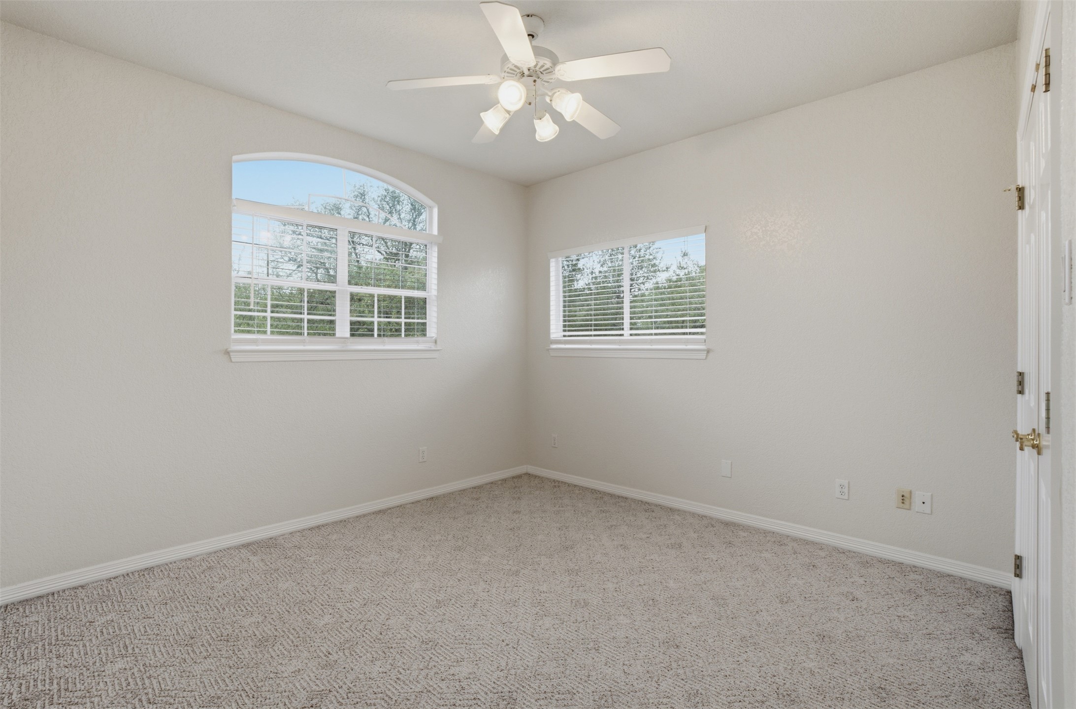 1301 County Road 262 Georgetown, TX 78633 - Photo 29 of 39 Carpeted room featuring a ceiling fan with light fixture, two windows including one arched window, and a white paneled door