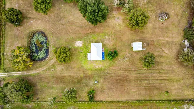 an aerial view of residential houses with outdoor space and trees