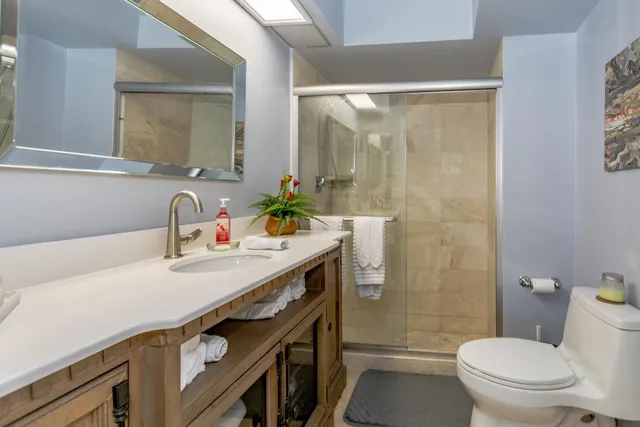 a bathroom with a sink a toilet and shower