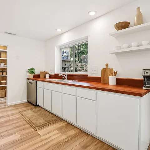 a view of a room with racks on the wall