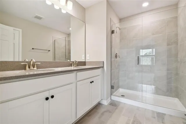 a bathroom with a shower a sink and a mirror