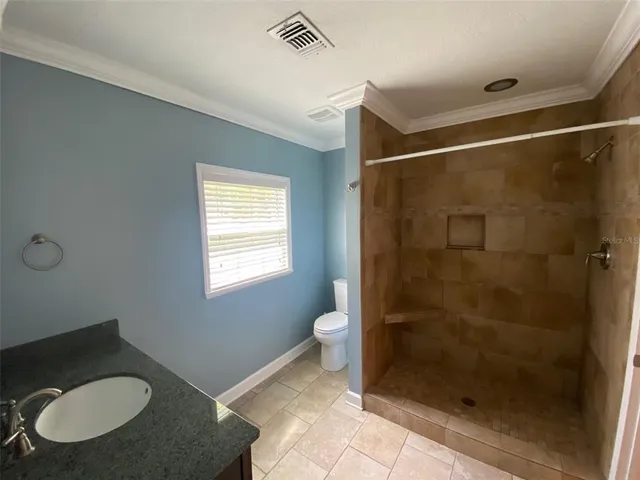a bathroom with a granite countertop sink toilet and shower